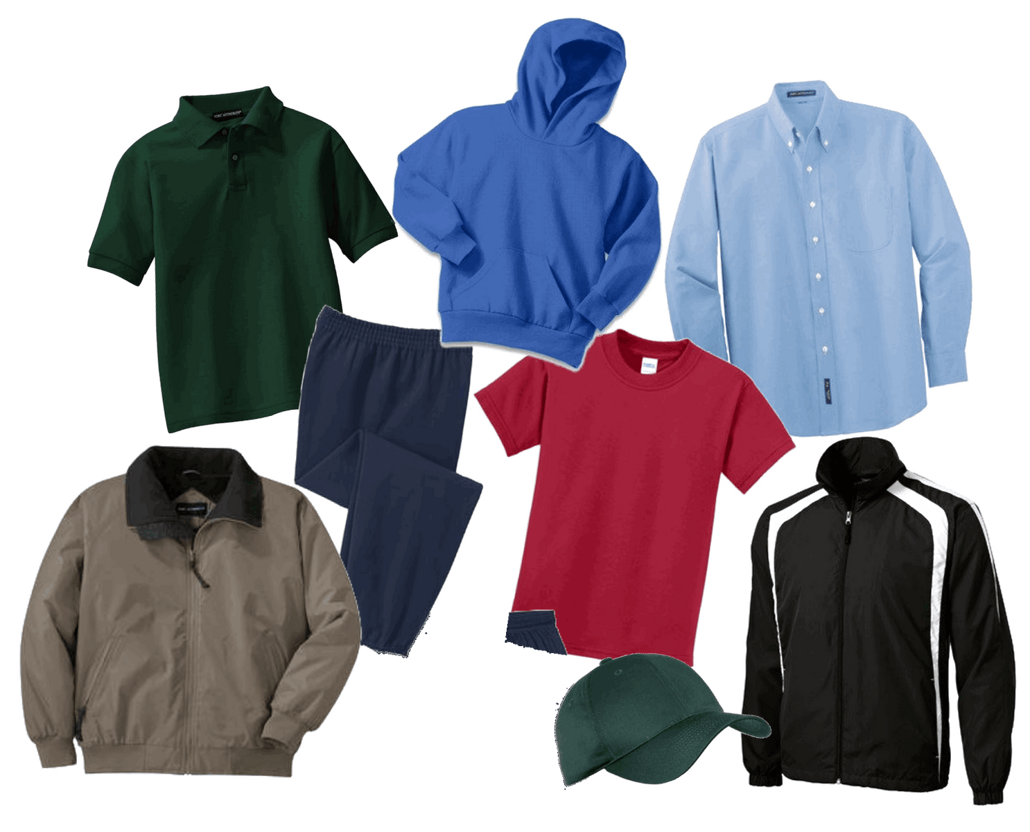various apparel available included jackets, button up short sleeve and long sleeve shirts, a hat, a hooded sweatshirt, and zip up jacket