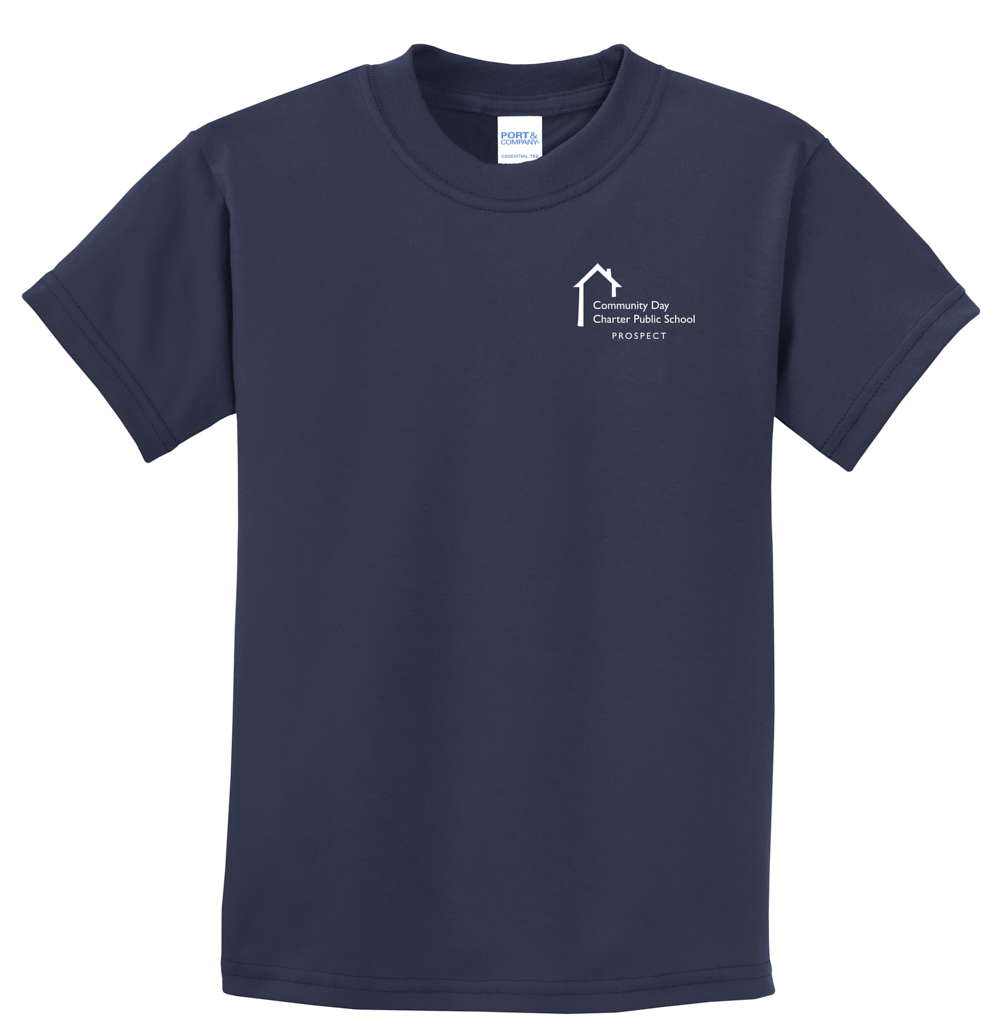 Youth sized navy short sleeve t-shirt with white Prospect School text logo.
