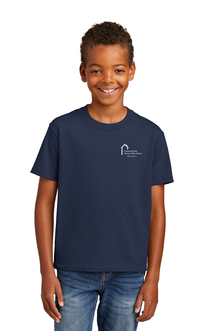 Young male wearing navy short sleeve t-shirt with white Prospect School text logo.