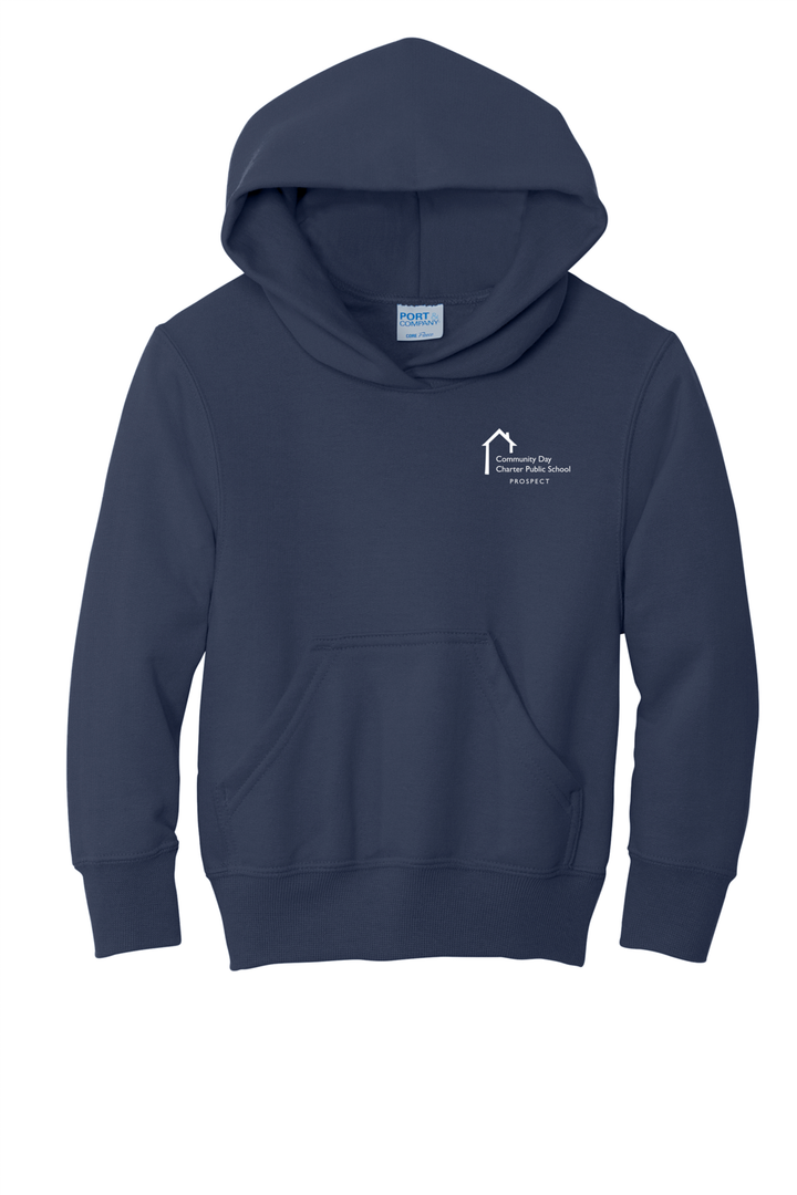 Youth sized navy hooded sweatshirt with white Gateway School text logo.