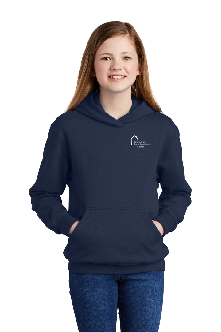 Young female wearing navy hooded sweatshirt with white Gateway School text logo.