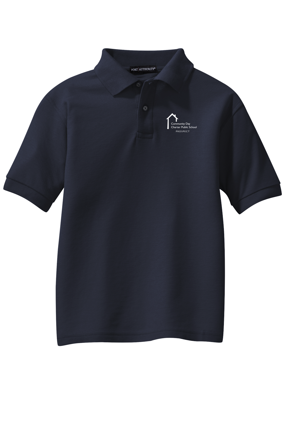 Youth sized navy short sleeve polo with white Prospect School text logo.