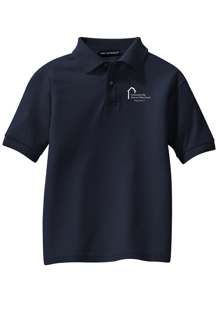 Youth sized navy short sleeve polo with white Prospect School text logo.