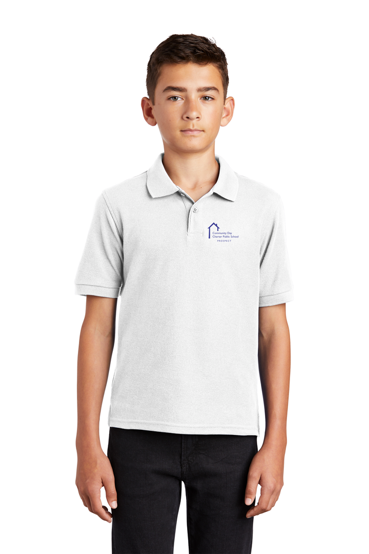 Young male wearing white short sleeve polo with blue Prospect School text logo.