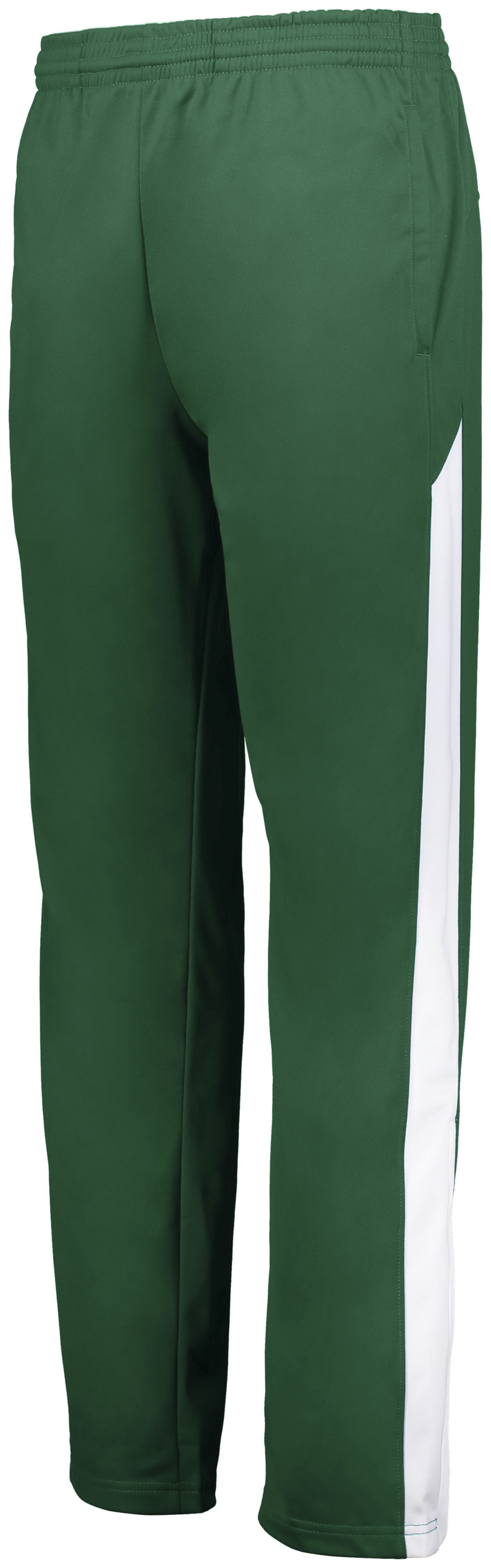 Green sweatpants with elastic waistband and white stripe on the side of the pant leg.