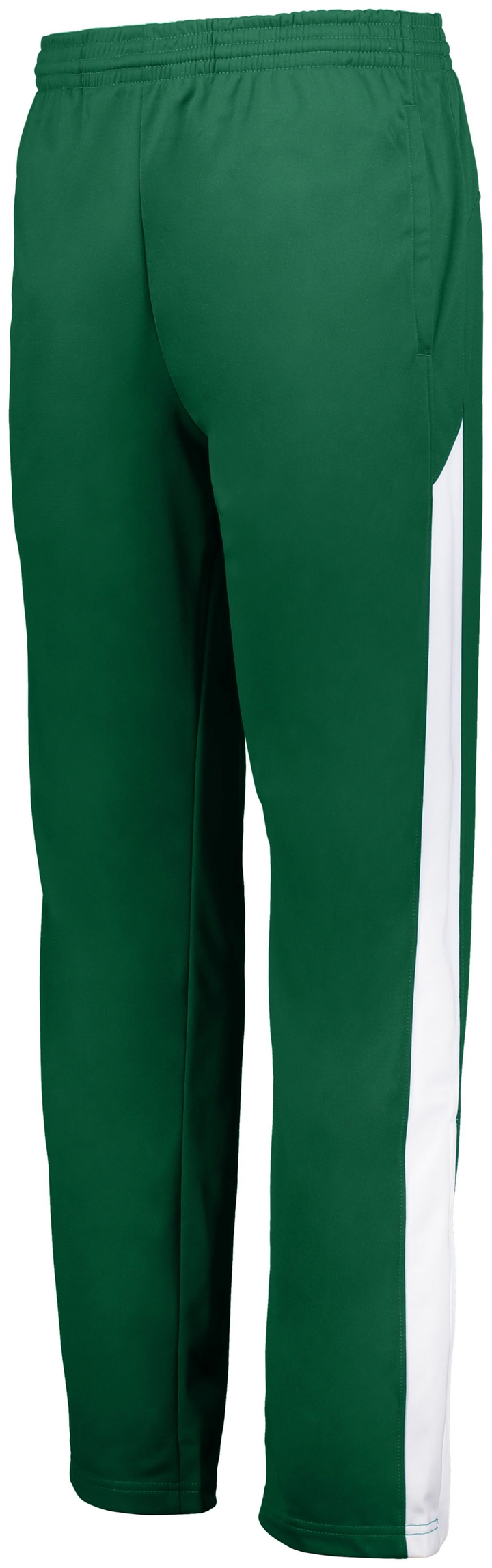 Green sweatpants with elastic waistband and white stripe on the side of the pant leg.