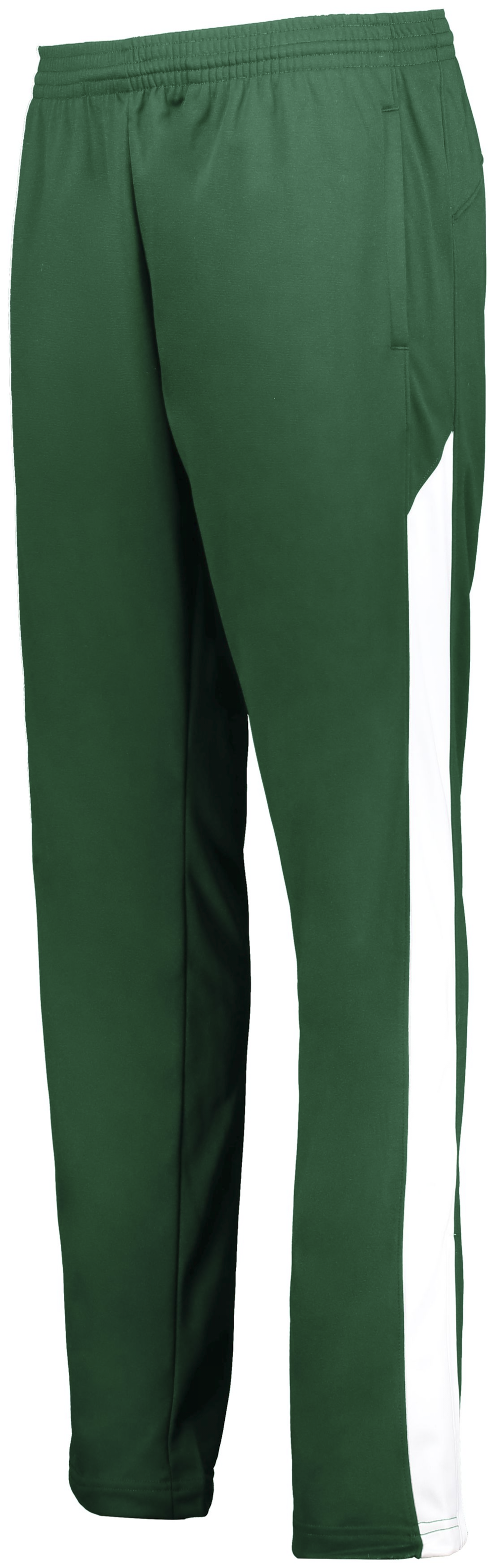 Green sweatpants with elastic waistband and white stripe on the side of the pant leg.