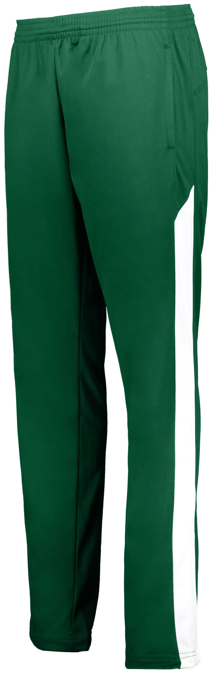 Green sweatpants with elastic waistband and white stripe on the side of the pant leg.