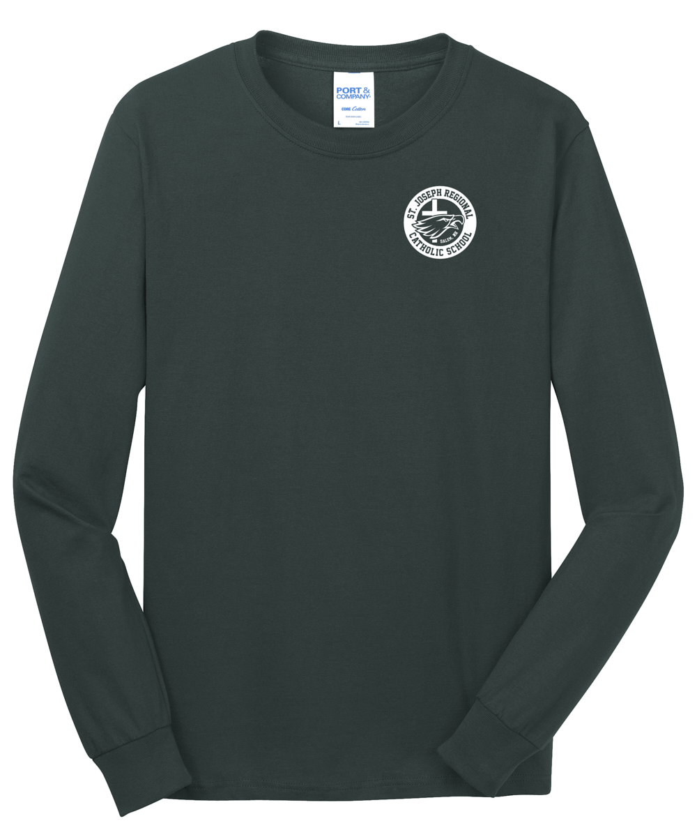 Green long sleeve shirt with white logo of St. Joseph Regional Catholic School in Salem, NH and an eagle and cross.