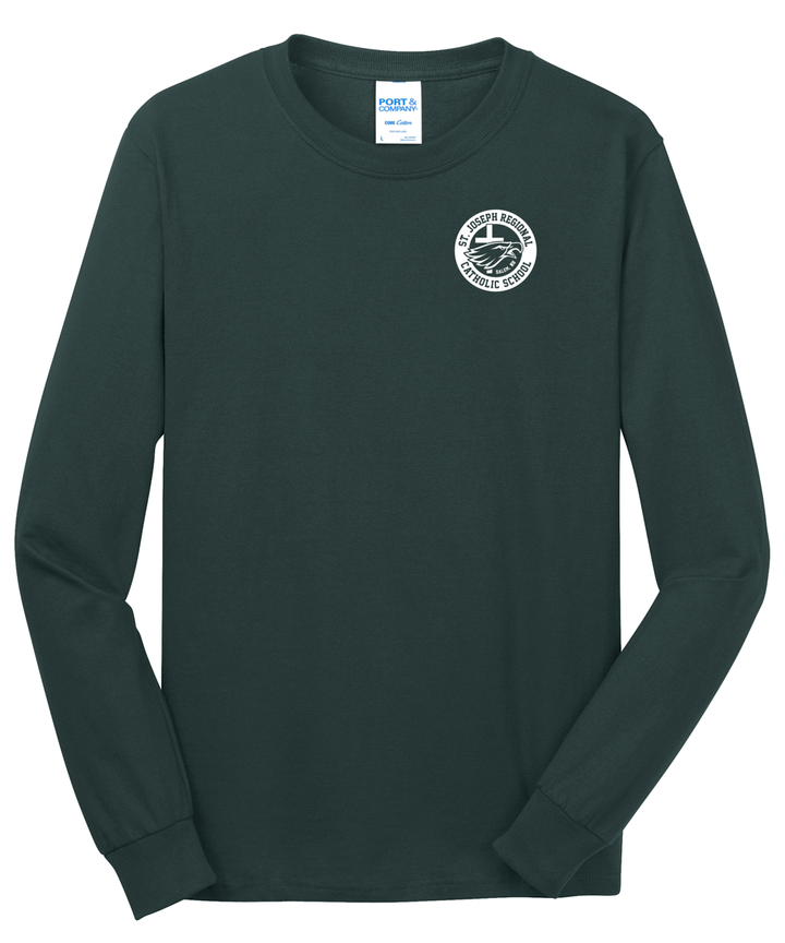 Green long sleeve shirt with white logo of St. Joseph Regional Catholic School in Salem, NH and an eagle and cross.