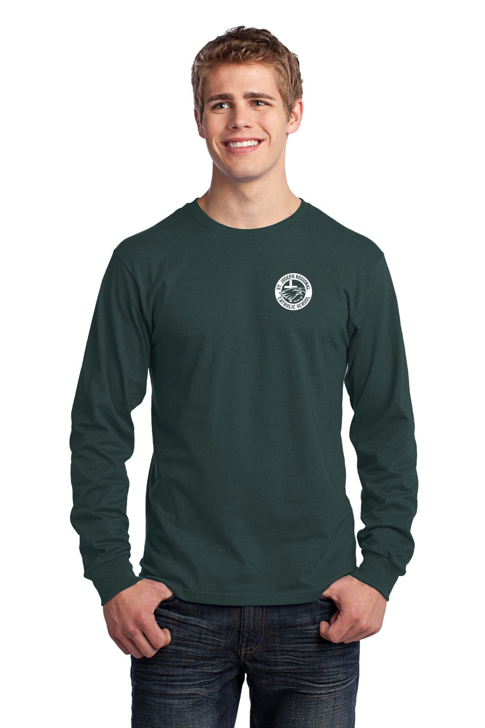 Male wearing green long sleeve shirt with white logo of St. Joseph Regional Catholic School in Salem, NH and an eagle and cross.