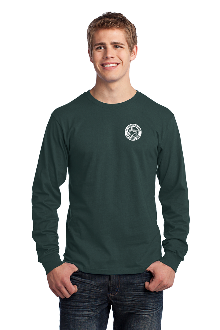 Male wearing green long sleeve shirt with white logo of St. Joseph Regional Catholic School in Salem, NH and an eagle and cross.