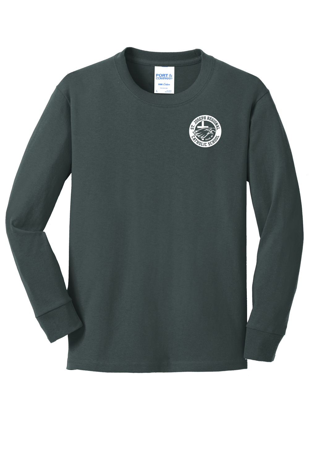 Green long sleeve shirt with white logo of St. Joseph Regional Catholic School in Salem, NH and an eagle and cross.