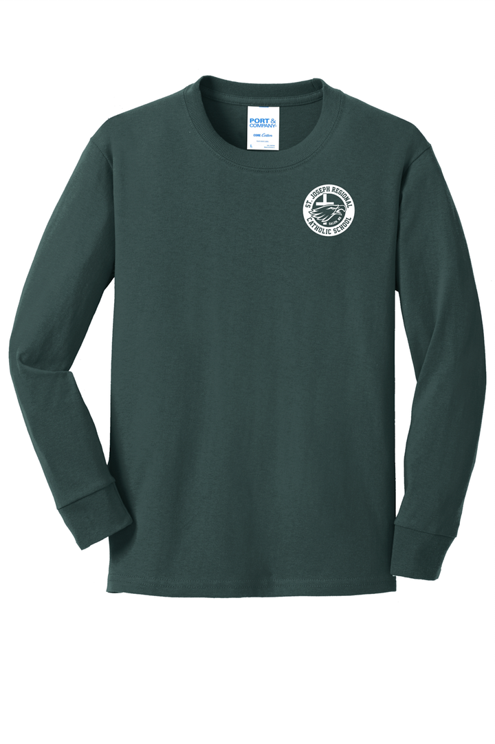 Green long sleeve shirt with white logo of St. Joseph Regional Catholic School in Salem, NH and an eagle and cross.