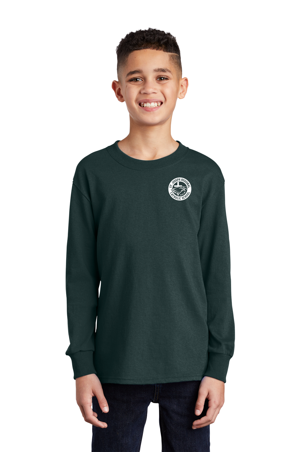 Young male wearing green long sleeve shirt with white logo of St. Joseph Regional Catholic School in Salem, NH and an eagle and cross.