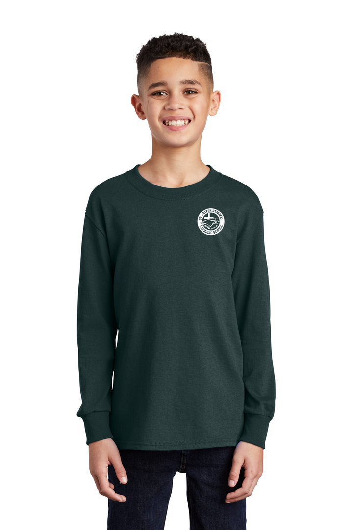 Young male wearing green long sleeve shirt with white logo of St. Joseph Regional Catholic School in Salem, NH and an eagle and cross.