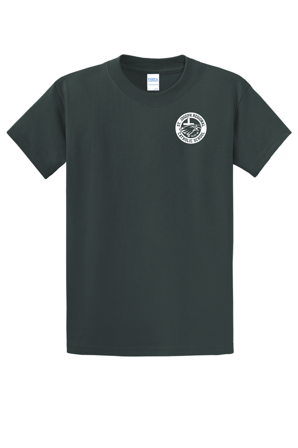 Green short sleeve t-shirt with white logo of St. Joseph Regional Catholic School in Salem, NH and an eagle and cross.