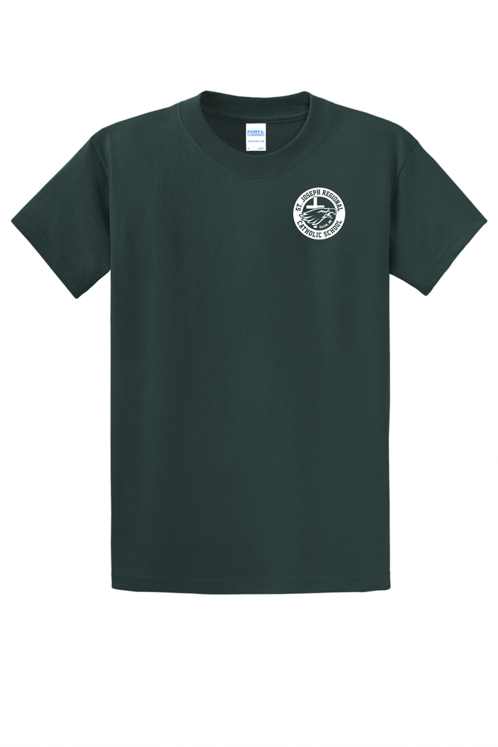 Green short sleeve t-shirt with white logo of St. Joseph Regional Catholic School in Salem, NH and an eagle and cross.