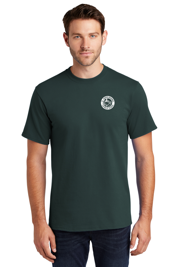 Male wearing green short sleeve t-shirt with white logo of St. Joseph Regional Catholic School in Salem, NH and an eagle and cross.