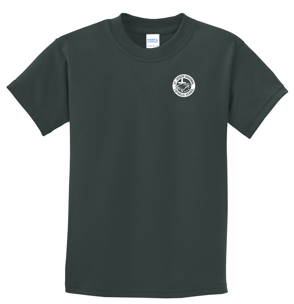 Green short sleeve t-shirt with white logo of St. Joseph Regional Catholic School in Salem, NH and an eagle and cross.