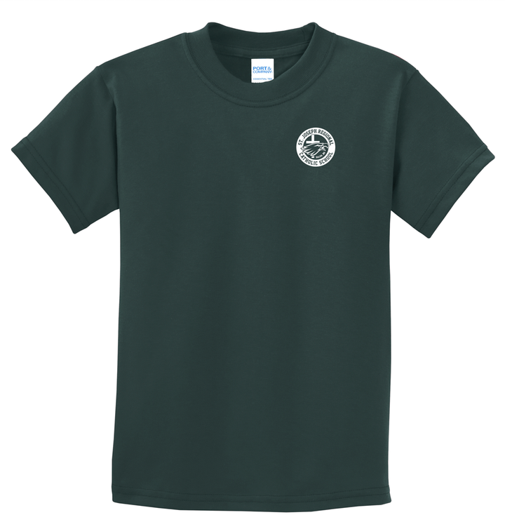 Green short sleeve t-shirt with white logo of St. Joseph Regional Catholic School in Salem, NH and an eagle and cross.