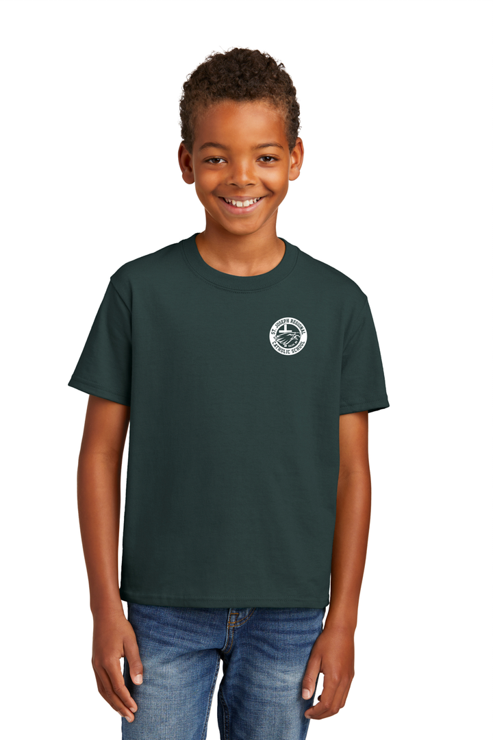 Young male wearing green short sleeve t-shirt with white logo of St. Joseph Regional Catholic School in Salem, NH and an eagle and cross.