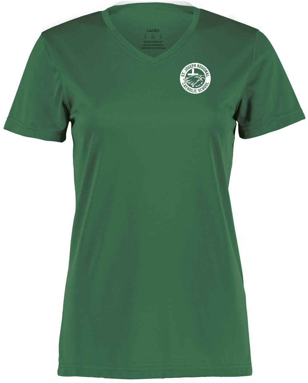 Green v-neck t-shirt with white logo of St. Joseph Regional Catholic School in Salem, NH and an eagle and cross.