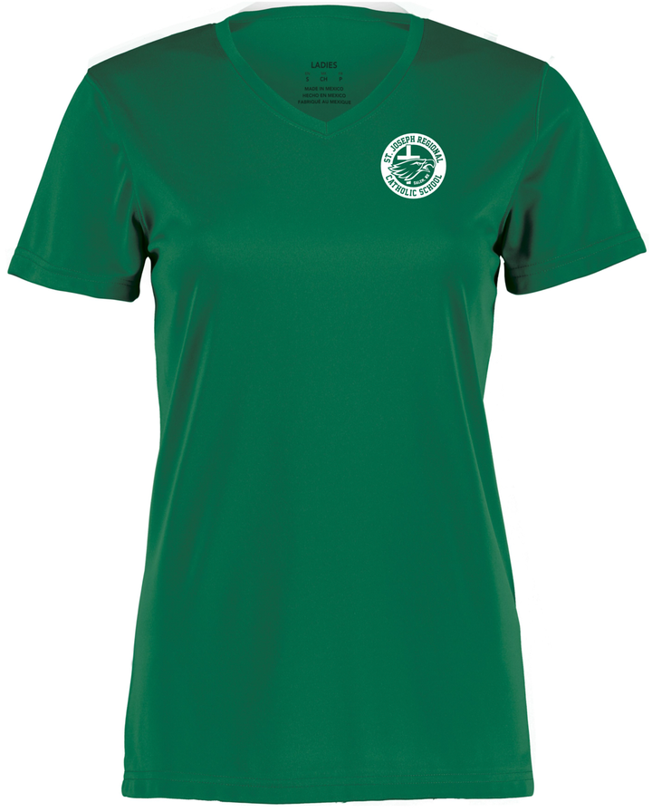 Green v-neck t-shirt with white logo of St. Joseph Regional Catholic School in Salem, NH and an eagle and cross.