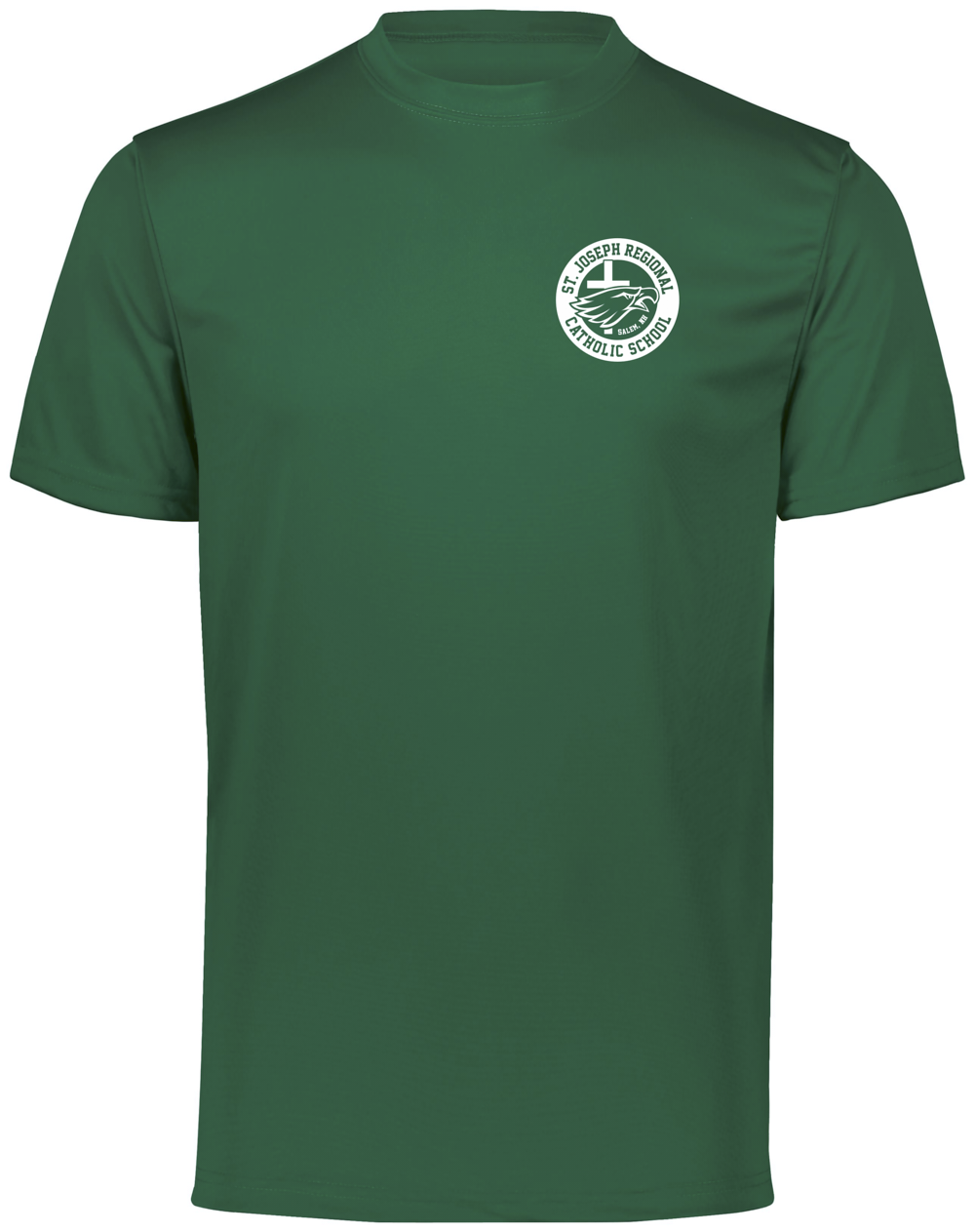 Green t-shirt with white logo of St. Joseph Regional Catholic School in Salem, NH and an eagle and cross.