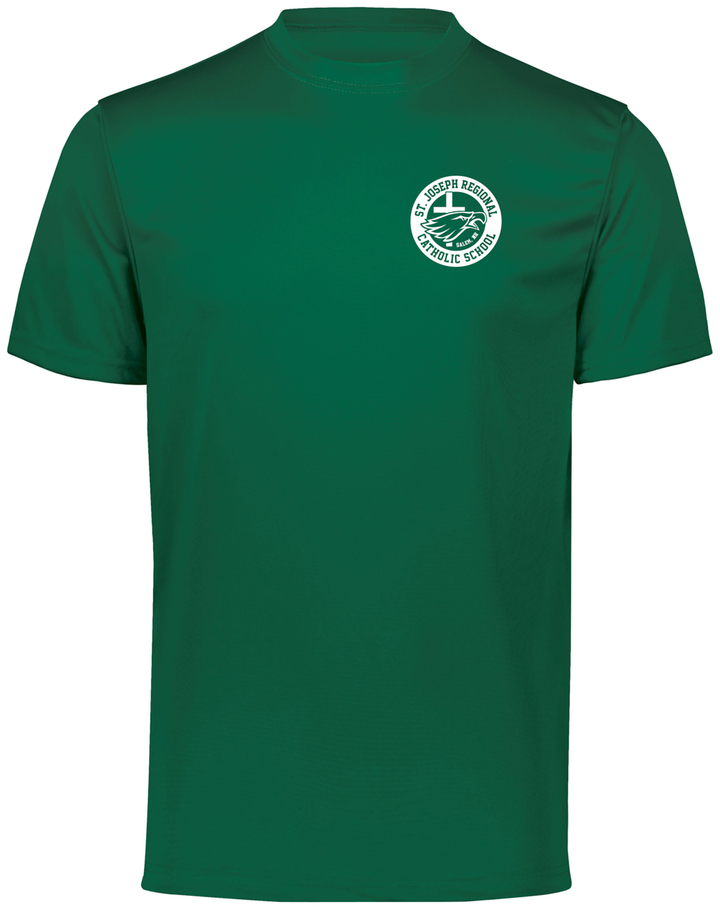 Green t-shirt with white logo of St. Joseph Regional Catholic School in Salem, NH and an eagle and cross.